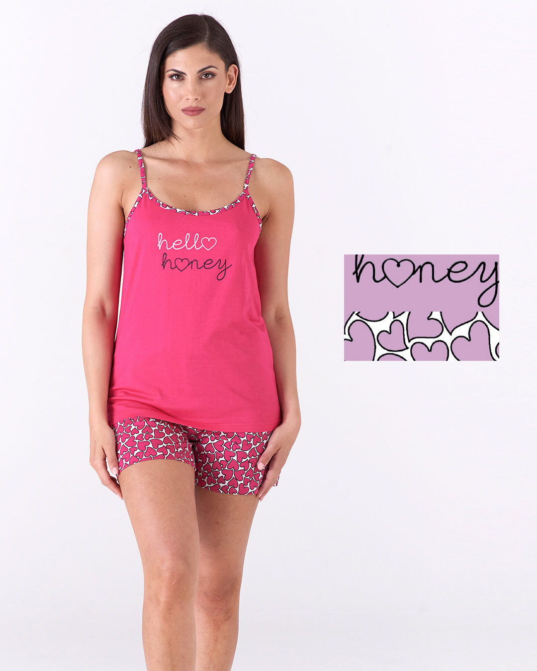 Pigiama donna top bretelline e pantalone corto - "hello honey"