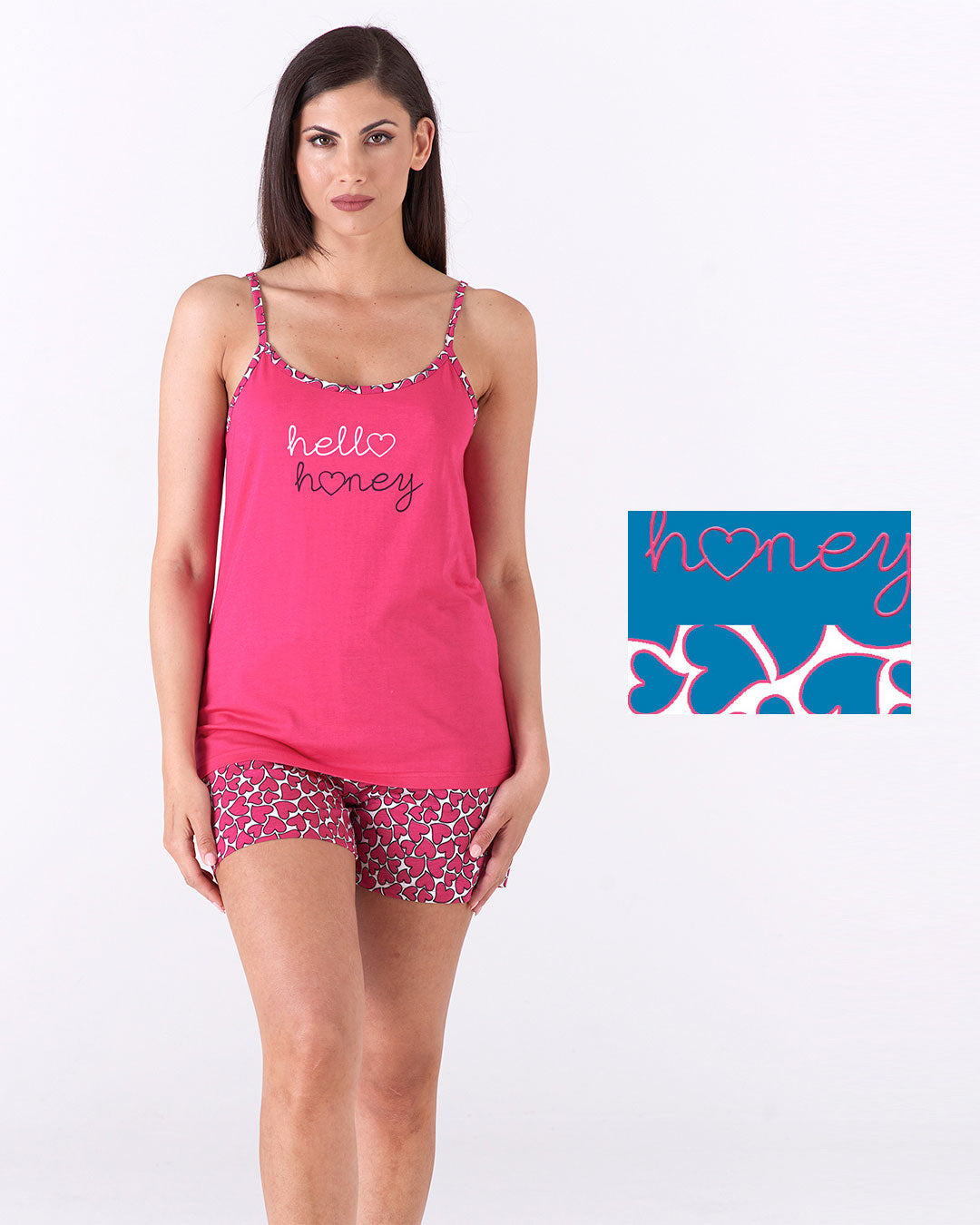 Pigiama donna top bretelline e pantalone corto - "hello honey"